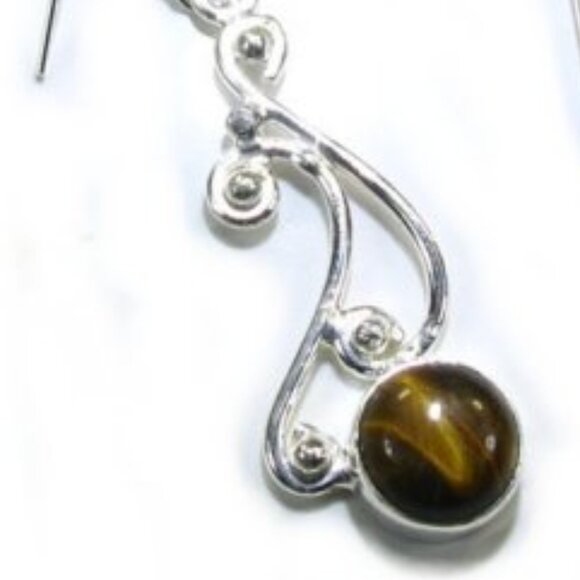 Silver Tiger Eye Stone Scroll Earrings - Picture 2 of 3